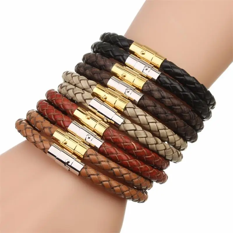 Handmade Gold Color Vintage Men Leather Bracelets Stainless Steel Magnetic Clasp Braided