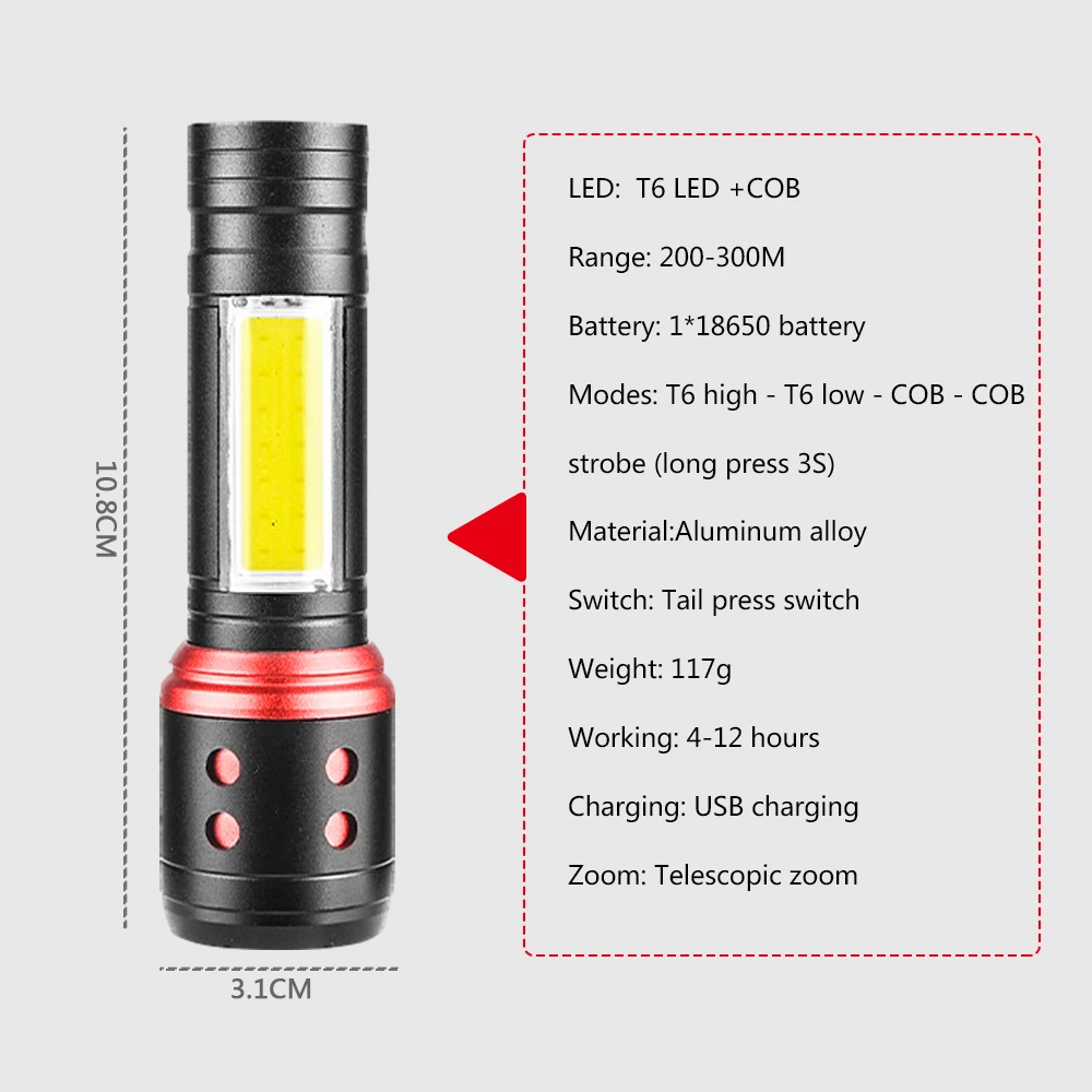 Супер яркий COB светодиодный светильник-Вспышка водонепроницаемый светодиодный T6 Ручной Телескопический Фокусировочный светильник-вспышка рабочий светильник 18650 батарея Зарядка через USB