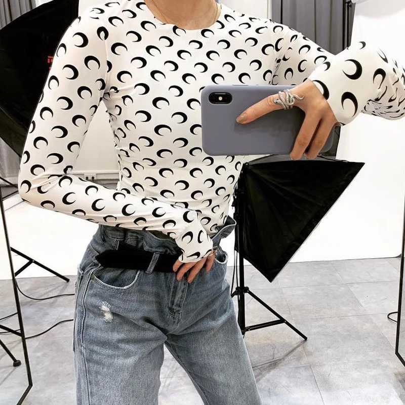 

2020 Spring Sexy Women Bodycon Bodysuit Long Sleeve Jumpsuit Crescent Moon Print O Neck Office Ladies Ropa Mujer SJ5627V