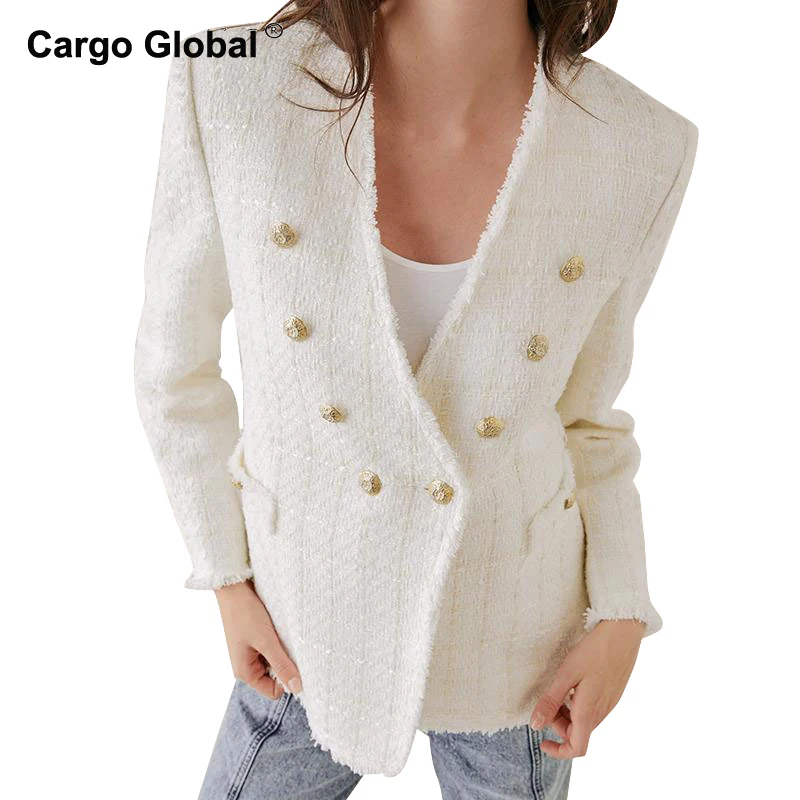 

Fall And Winter 2019 White Color Tweed Women'S Sexy V-Collar Button Jacket Fashionable Suit Fringed Coat