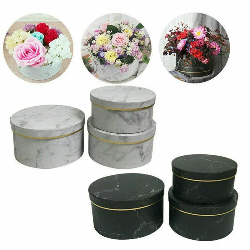 

New 3 Pcs Florist Flowers Gifts Box Marble Pattern Round Packing Case for Wedding Party NE