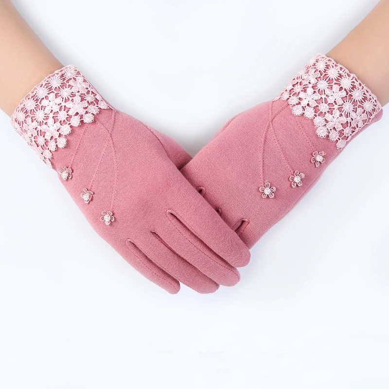 Elifashion новые женские теплые Solft перчатки сенсорный экран варежки толстые плюшевые наручные короткие бархатные женские маленькие цветочные кружевные перчатки для вождения
