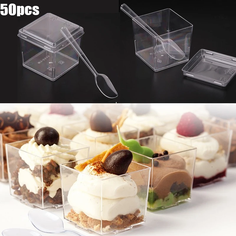 

50Pcs/Set Transparent Disposable Tableware Dessert Cup Lid Spoon Pudding Mousses Yougurt Jelly Container Party Birthday Supplies
