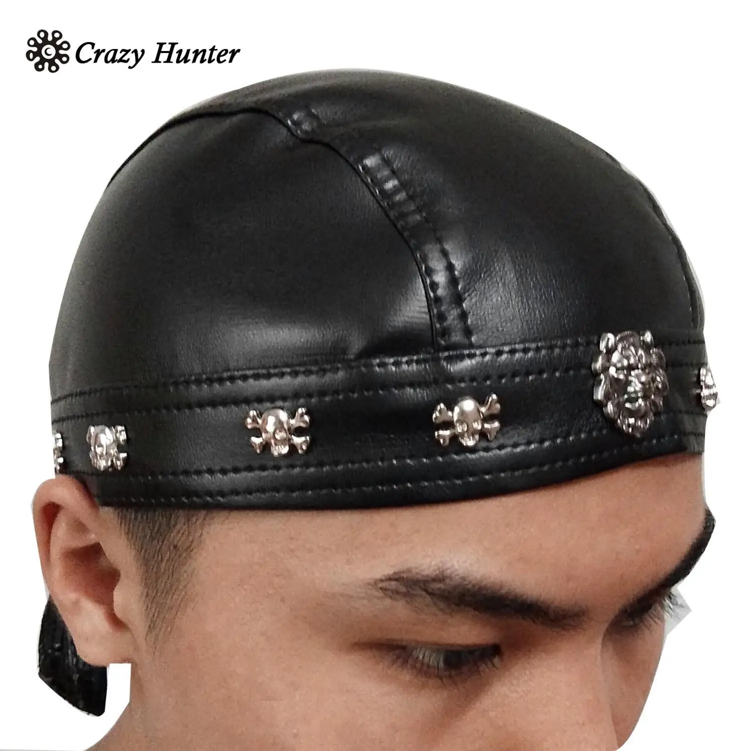Faux Leather Biker Skull Cap Motorcycle 