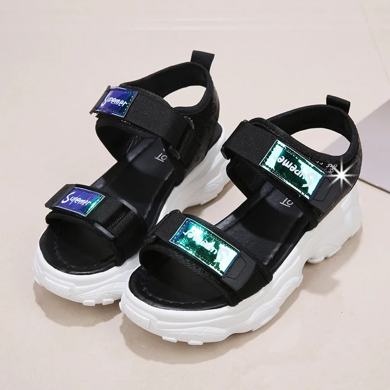

2020 Summer New Korean Sequin Sandals Women's Velcro Sponge Cake Thick Bottom Sports Leisure Shoes Fish Mouth Sandals Women