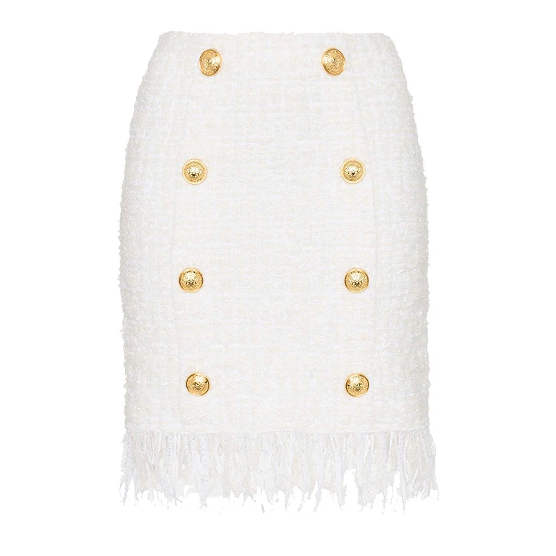 

HIGH QUALITY Newest 2019 Fall Winter Designer Skirt Women's Tassel Fringed Lion Buttons Tweed Skirt
