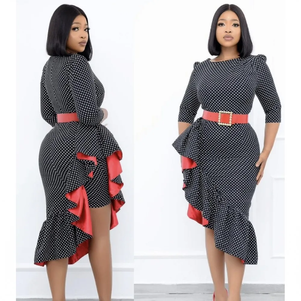 Elegant Ladies Work Wear Office Dress Lrregular Ruffles Package Hip Polka Dot Printing Dress Women For Party Vestido Midi