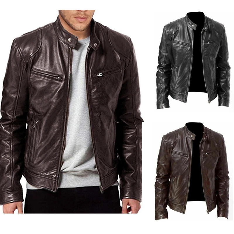 Buen trato Chaqueta informal de cuero sintético para hombre, chaqueta de cuero sintético ajustada con cuello levantado, Color sólido, antiviento, para motocicleta, novedad de Otoño de 2020 RLwqepw55QR