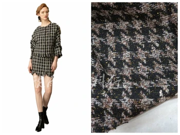 

Free ship 10% wool black and coffee houndstooth weaved with shining line tweed fabric 59" width