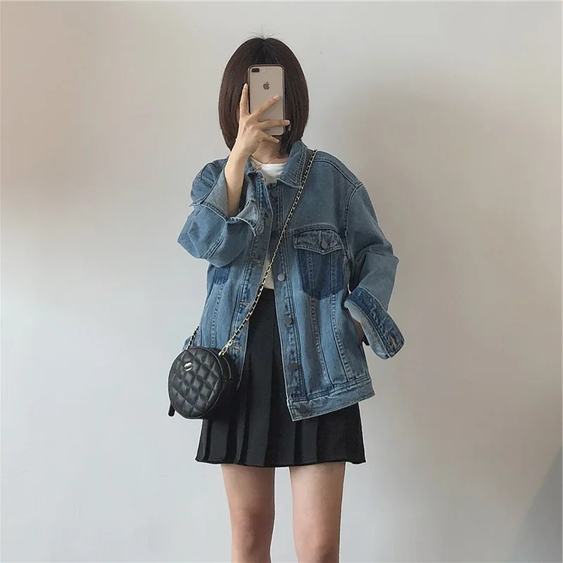 

2019 Spring New Style Jeans Coat Women's Korean-style Loose-Fit Versatile Slimming BF Style Contrast Color Fake Pocket Tops