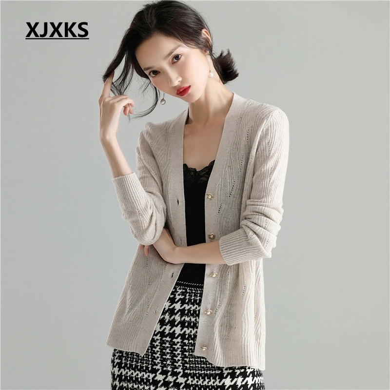 XJXKS Осенняя Женская мода шерсть монотонный Кардиган Slim Fit однобортный длинный рукав женский вязаный свитер - Цвет: Бежевый