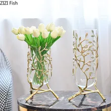 Kreatywne metalowe szklane złote liście winorośli miedzi wazon do kwiatów hydroponiczne układ drogie nowoczesne dekoracje ślubne tanie tanio Szklane i kryształowe Blat wazon