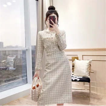 

2019 Autumn Dress Sexy Celebrity Button O Neck Elegant Women Temperament Full Plaid Night Club Body con Party Dresses Wholesale
