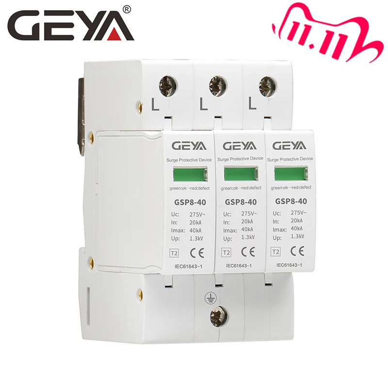 GEYA GSP8 3P Din Rail SPD AC275V AC385V 400V 440V 20KA 40KA устройство защиты от перенапряжения низкого
