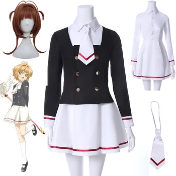 

4pcs/set Cardcaptor Sakura Clearcard Cosplay Costume Kinomoto Sakura Tomoyo Daidoji Cosplay Costume School uniform Outfits wig