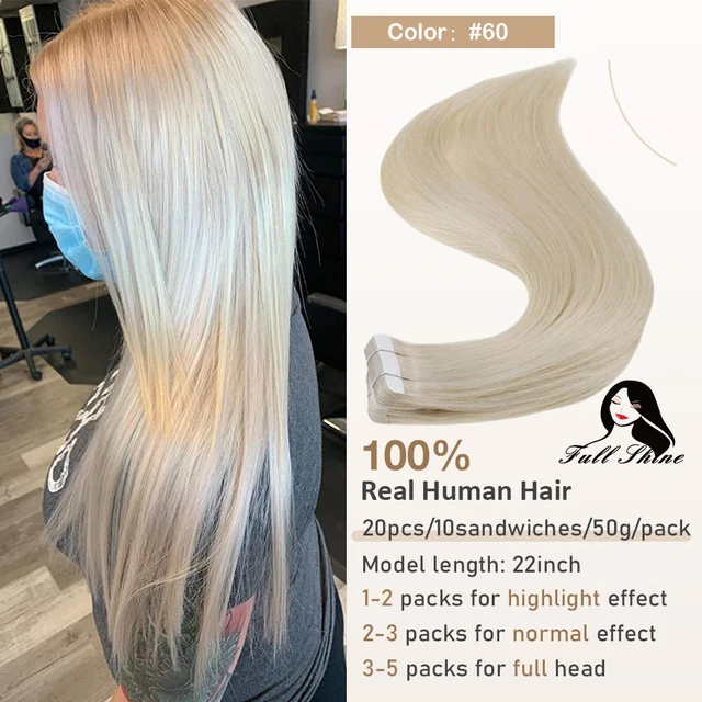 Full Shine Tape In Human Hair Extensions Blonde 100% Real Remy Human Hair Skin Weft Adhesive Glue On For Salon High Quality 60Platinum Blonde