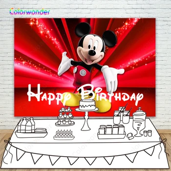 

Happy Birthday Party Background Mickey Mouse Glitter Star Red Photography Backdrop for Prince Baby Shower Dessert Table Banner