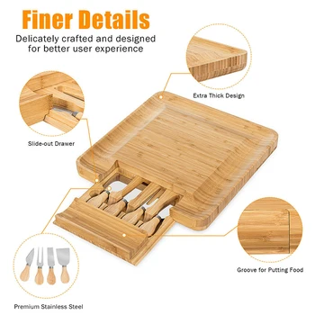 

high quality Natural Bamboo Cheese Board & Knife Set w/ Slide-out Drawer Cut Cheeses Effortlessly with 4 Knives HW64328