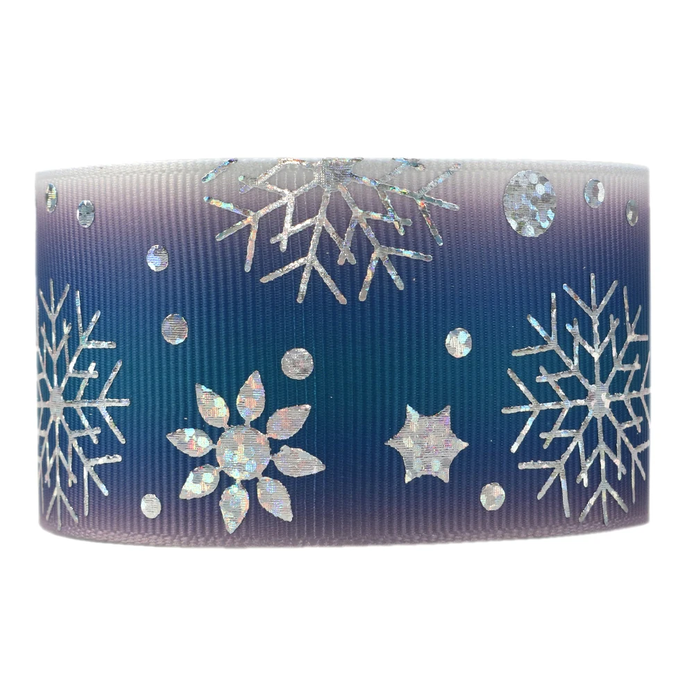 David accessories 38/75mm 50yards/roll Christmas Snow Printed Blue Laser Grosgrain Ribbon DIY Bow Bag Home Decoration,50Yc8265