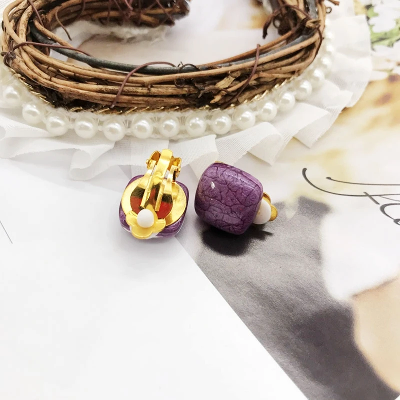 purple with clip Милые Квадратные круглые элегантные вечерние серьги из полимерного материала для девочек - Окраска металла: purple with clip
