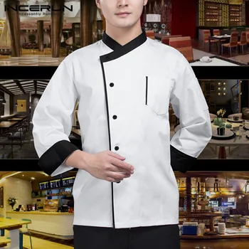 

INCERUN Chef Uniform Food Service Long Sleeve Patchwork Restaurant Unisex Shirts Kitchen Men Chef Jackets Cook Costumes S-5XL