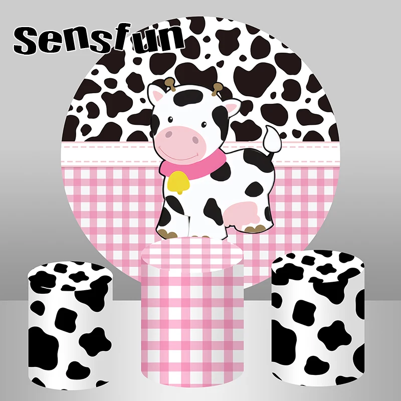 Sensfun 귀여운 암소 라운드 배경 커버 핑크 화이트 블랙 키즈  베이비 샤워..