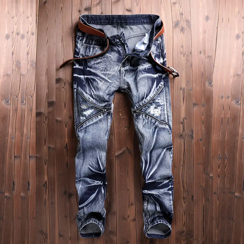 Новое поступление, узкие байкерские облегающие джинсы Homme Slim Fit, прямые потертые модные джинсы на молнии, мотоциклетные джинсовые брюки, большие размеры - Цвет: Light Blue