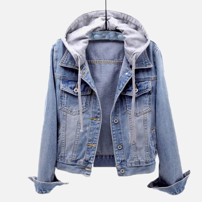 Куртка женская джинсовая с капюшоном однобортная Свободная Повседневная