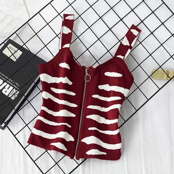 

Summer Women Knitted Camisolo Sexy Strap Zipper Zebra Pattern Stretch Vest Ladies Cami Kniited Underwear Outside Camisole