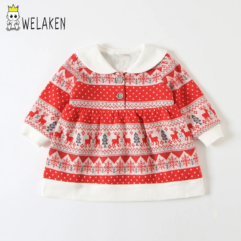 weLaken Girls Dresses Boutique Christmas Costume For Toddler Kids Peter Pan Collar Long Sleeve Pattern Dress | Детская одежда и