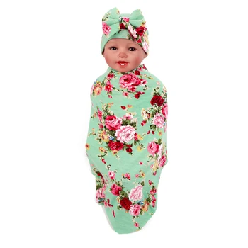 

Flower Print Baby Soft Sleeping Bags Outfits + Hat Set Bow Tire Cap Cover Cotton for Newborn Infant Baby Wrap Swaddling Blankets