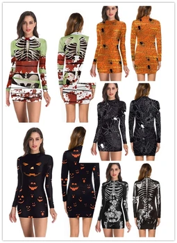

Autumn New Fashion Women Halloween Skeleton Bloodstain Pattern Cartoon Print Cold Shoulder Long Sleeve Dress Free Ship платье Z4