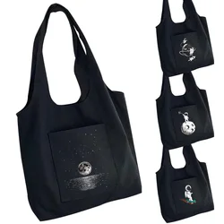 Shopping Bag Ladies Canvas Bag Planet Astronaut Printing Travel One-shoulder Shopping Bags Washable Pure Cotton Storage Tote Bag