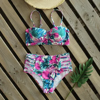 

High Waist Swimwear Women Swimsuit Bikini Bandage Bikinis Set Padded Bathing Suit New Leaf Print Biquini Maillot de bain