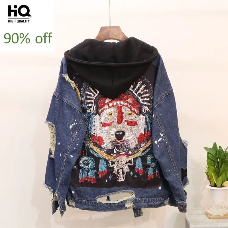 Hip Hop Embroidery Sequins Hole Ripped Womens Denim Jackets Long Sleeve Single Breasted Hooded Loose Punk Casual Outerwear Coats | Женская