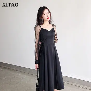 

XITAO 2020 Spring New Style French Retro Charade Sense of Design V neck Long-sleeve Dress Mid Length Hepburn Black Dress ZLL5001