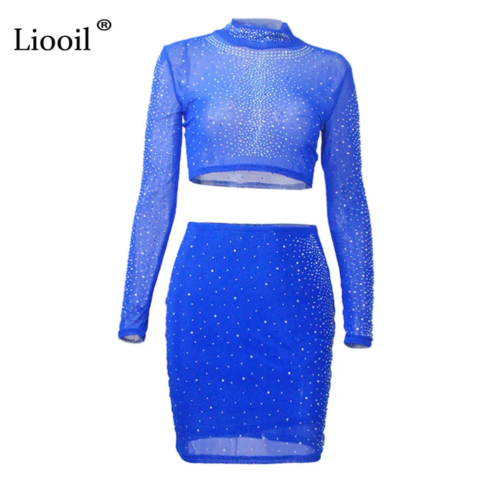Liooil Rhinestone Mesh Sheer Tight Two Piece Set Party Club Outfits Women Long Sleeve O Neck Sexy Crop Top And Mini Skirts