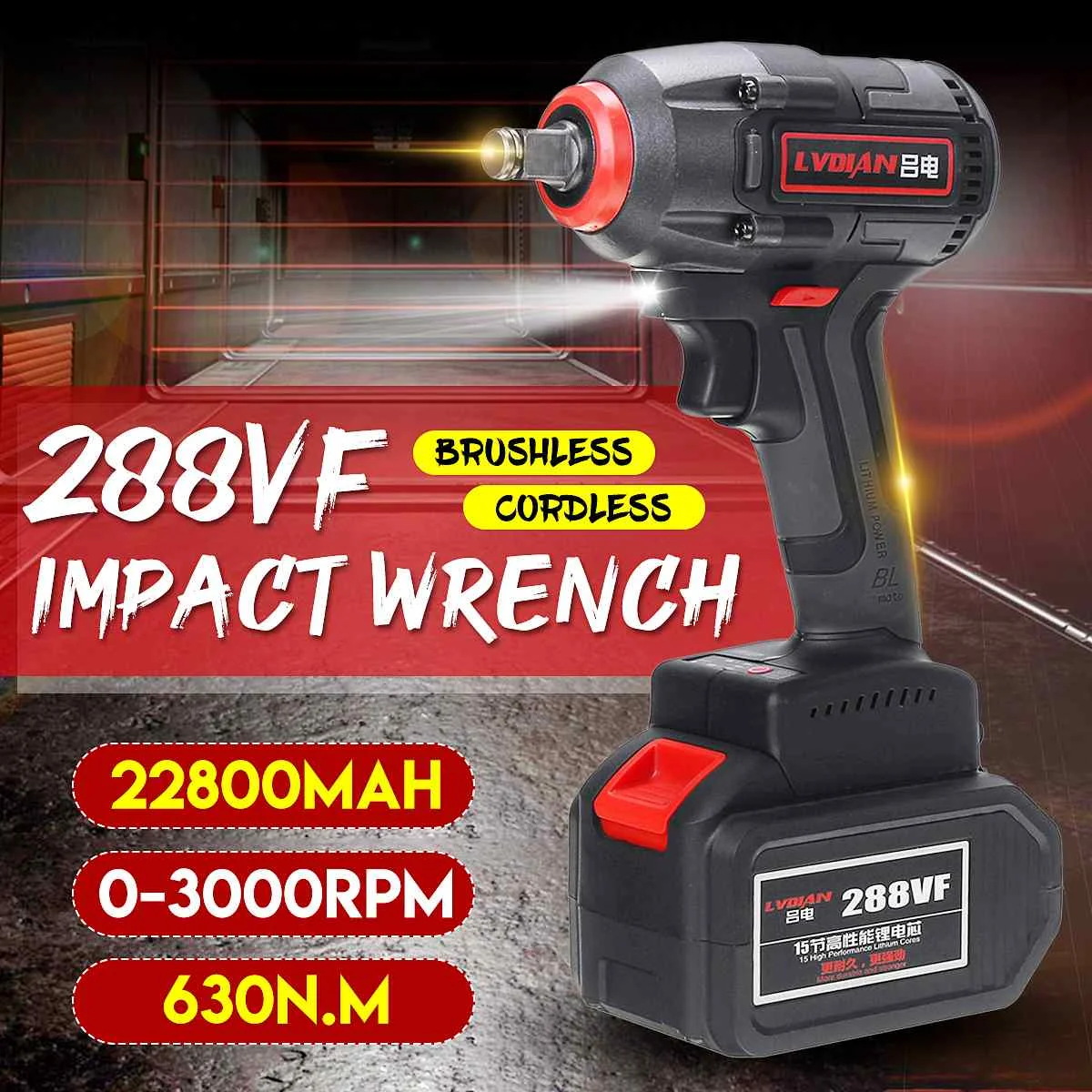 

22800mAh Rechargeable Brushless Cordless Electric Impact Wrench 600N.m Torque Li-ion Battery LED light Socket Wrench Tools
