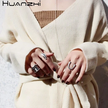 

HUANZHI 2020 New Design Simple Geometric Irregular Cone U type Horseshoe Glossy Metal Opening Rings for Women Party Jewelry