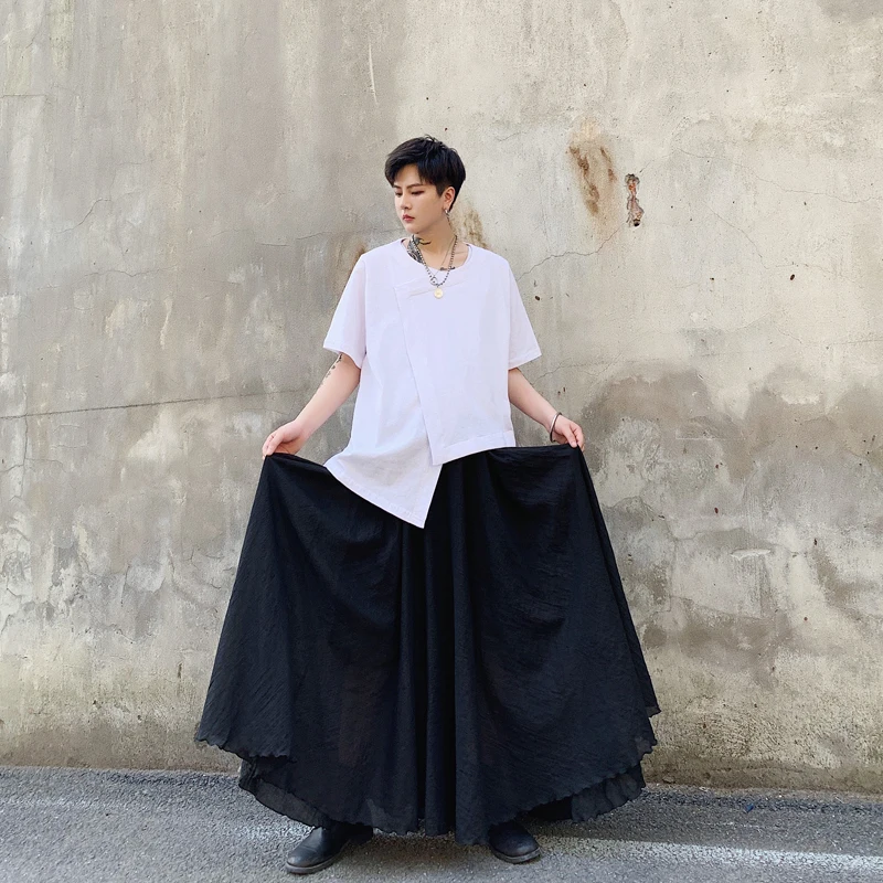 Men's trousers spring summer casual loose bell-bottom trousers men's skirt double layer design black Yamamoto style