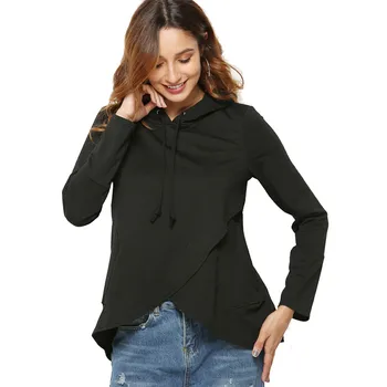 

New Loose Solid Color Irregular Hem Sweatshirt Autumn Long Sleeved Hoody For Women Round Neck women's Hooded Hoodie