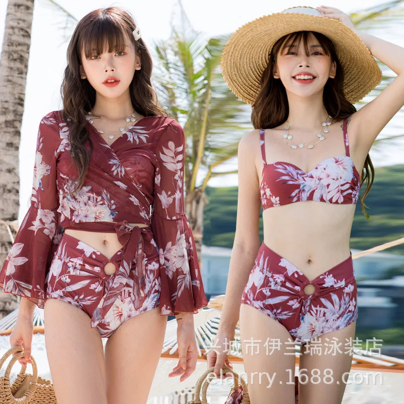 

Retro Chiffon High-waisted Bikini Three-piece Set Bathing Suit Women's South Korea Underwire Small Bust Gathering Belly Covering