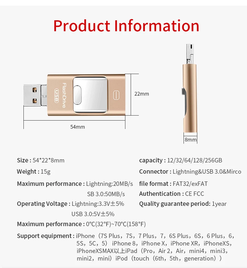 

Otg USB Flash Drive 3 in1 For iPhone 14/13/12/11/x/se/8/7/ipad Usb Flash 3.0 Pendrive HD Memory Stick 16GB 32GB 64GB 128GB 256GB