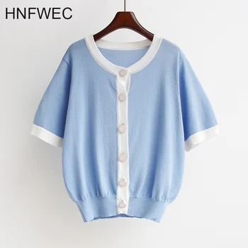 

Mixed Color Button Short Knitting Cardigan Sweater Loose Fit V-Neck Half Sleeve Women New Fashion Tide Spring 2020 T550