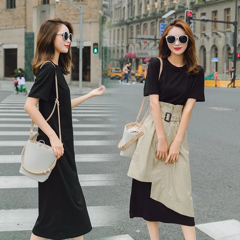 

Photo Shoot Hong Kong Style Ol Elegant Waist Hugging Dress Women's Summer Short-sleeved round Collar T-shirt Long Skirts Khaki S