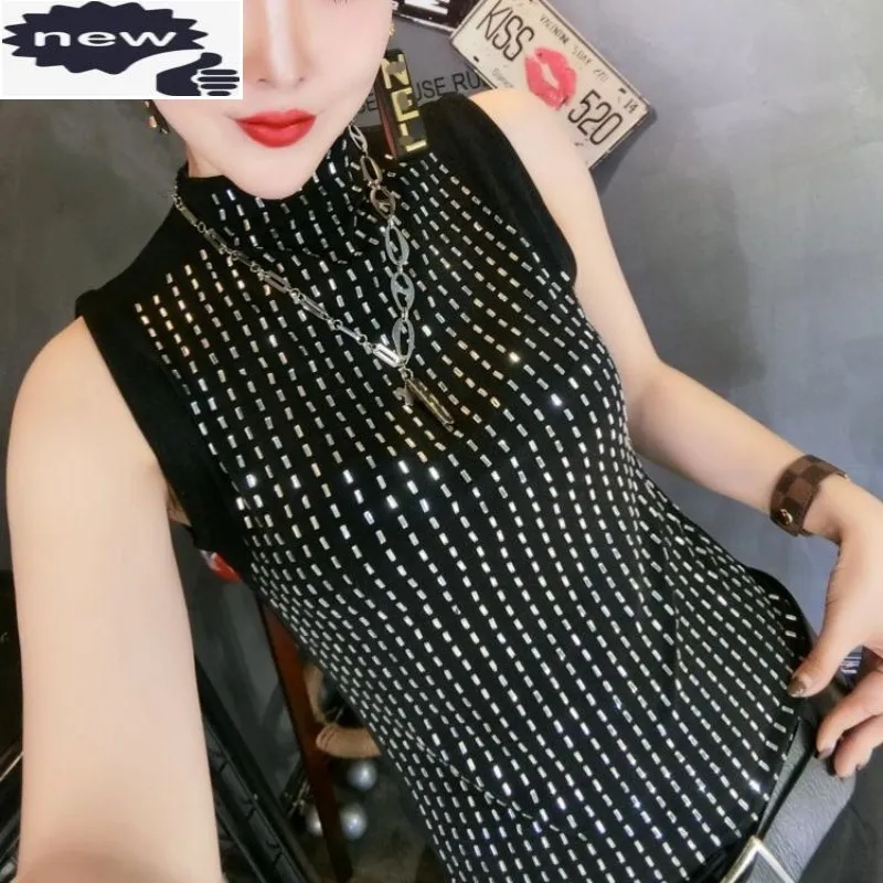 

Casual Sleeveless Female T-Shirt Turtleneck Slim Fit Elastic T-Shirts Personality Sequin Nightclub Tops Summer Women Black Tees