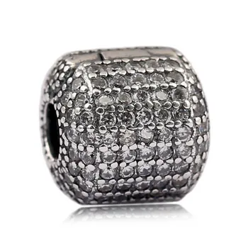 

Authentic 925 Sterling Silver Bead Charm Pave Barrel With Crystal Clip Stopper Beads Fit Pandora Bracelet DIY Jewelry