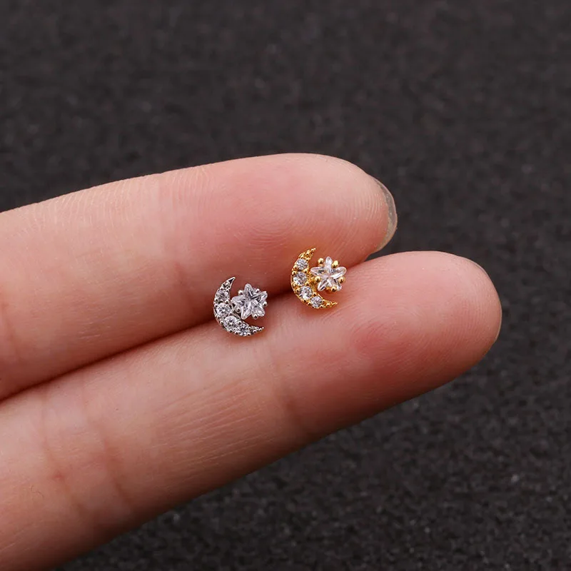 

Imixlot circón cúbico pequeño Tragus Stud Cz Luna estrella pequeño cartílago pendiente Helix Piercing joyería Rook Conch pendiente