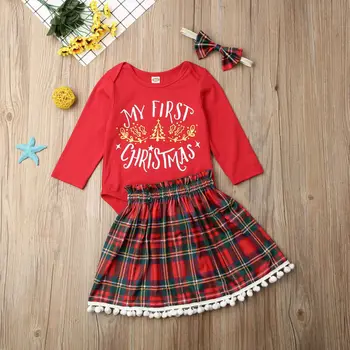 

Baby Girls 3M-18M Infant First Christmas Clothe Romper Plaid Skirt Headband Outfit Set