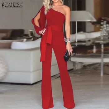 

2020 ZANZEA Women Off Shoulder Jumpsuits Summer Rompers Casual Office Lady Playsuits Solid High Wasit Long Flare Pants Overalls